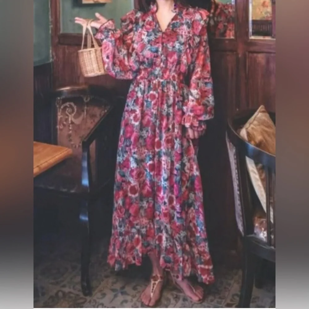 Zara Women’s Floral long sleeve Long Lined Dress Size M - Picture 15 of 16